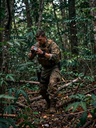 moody tactical photography, overcast forest daylight, deep green and earthy tones, dynamic action shot, 35mm, cadet in uniform, compass in hand, navigating through dense forest, mud on boots, focused expression, portrait aspect, image bleeding to the right edge of the frame