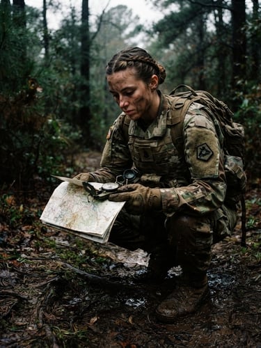 Cadet in military uniform, intensely focused on a map and compass, navigating dense, dark forest during an overcast day, muddy boots, 35mm, moody tactical photography.
