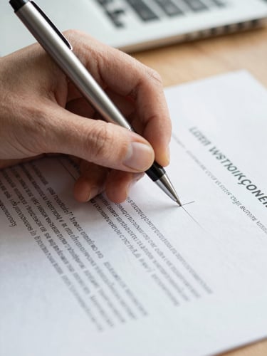 Extreme close-up of a translator's hand holding a pen, tip resting on a printed German-Polish contract, annotations visible in the margin, soft even north-facing daylight, organized desk surface out of focus in the background