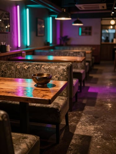 Close wide-angle interior of a dim kava lounge at night — neon cyan and magenta tubes reflect off worn wooden countertops and aged fabric booth seating, a tanoa kava bowl centered on the bar, empty stools casting long shadows, moody tungsten light pooling on the floor, no people, atmospheric and still