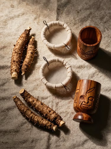 Overhead flat-lay of kava preparation ritual — dried kava root, cloth strainer, and carved wooden cup arranged on aged fabric, lit by warm tungsten light from the upper left, deep shadow in the lower right corner