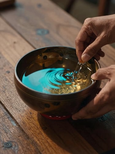 Wide cinematic shot of a traditional kava tanoa bowl on worn wooden planks, neon cyan light reflecting off the dark liquid surface, a pair of hands just entering frame from the right, deep shadows and tungsten-warm ambient glow, close environmental detail emphasizing texture of bowl and grain