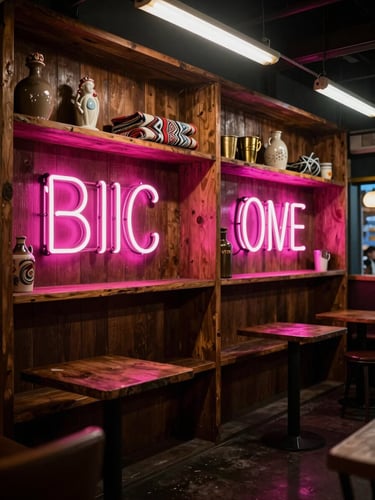 Wide environmental shot of a dimly lit lounge interior, neon magenta signage reflected on worn wooden shelves holding thrift objects — a ceramic figurine, a folded textile with Pacific geometric patterns, a brass cup — tungsten overhead light, deep shadow pooling on the floor, no people present