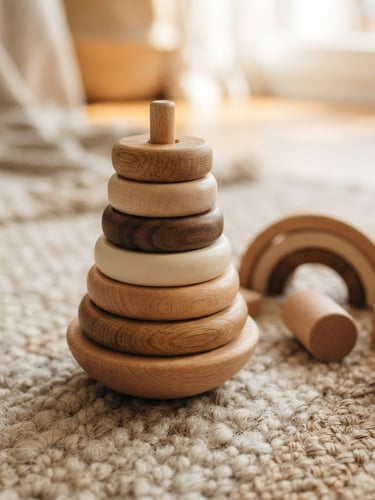 Close-up of neutral-toned children's wooden stacking toys on a light rug, soft morning light, shallow depth of field, natural wood textures.
