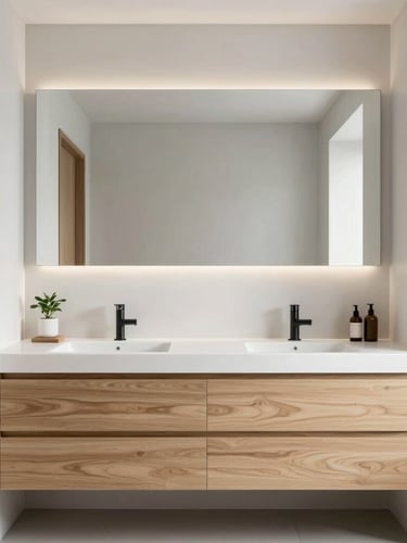 Wide view of a freshly cleaned bathroom interior, white fixtures and tiled surfaces under even north-facing daylight, no people, clean grout lines visible at baseboard level
