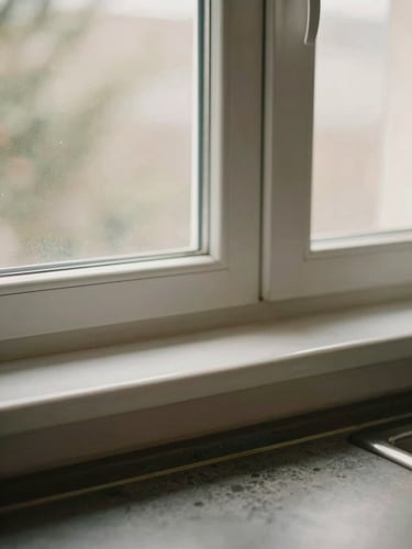 Close-up of a clean kitchen windowsill in morning light, orderly countertop edge visible below, soft natural daylight from the right, muted warm tones