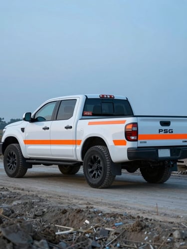PMSG branded heavy-duty pickup truck parked on a muddy construction access road, high-visibility markings, crisp daylight, cool blue tones with high-visibility orange accents.