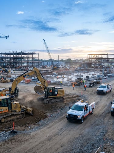 Wide panoramic view of a large commercial construction site at dawn, heavy machinery in motion, PMSG marked fleet vehicles in the foreground, crisp morning light, cool blue tones with high-visibility orange accents, sharp focus, 35mm lens.
