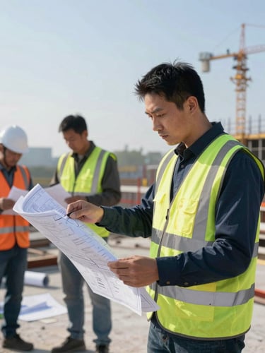 Team member in high-visibility vest examining large blueprints on a construction site, focused expression, active work in background, crisp daylight.