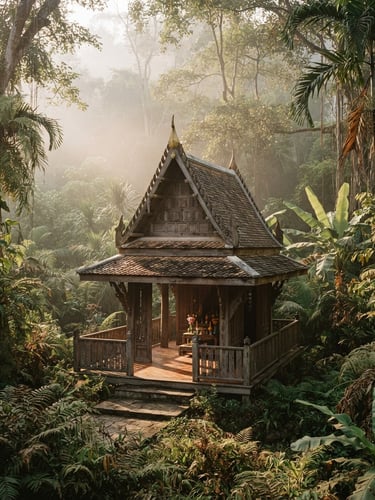 Soft morning mist over a traditional Thai teak wood pavilion, dappled sunlight filtering through tropical foliage, rich muted green tones, 35mm film aesthetic.