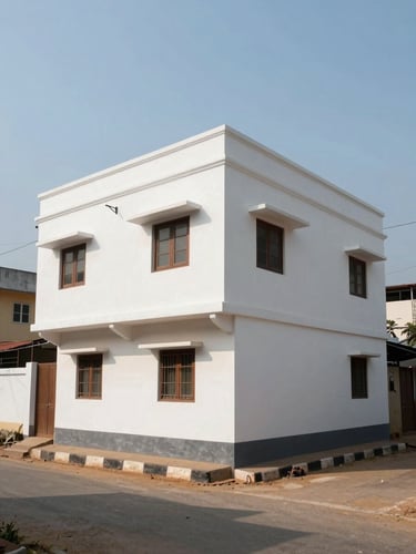 Wide corner view of a two-storey residential building in Andhra Pradesh under bright midday light, whitewashed walls, street-level framing with a quiet lane in the foreground