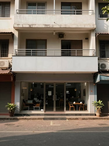 Ground-floor commercial storefront in a mid-rise building, Andhra Pradesh street context, natural daylight, neutral facade, wide environmental framing with pavement detail