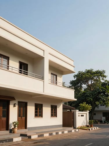 Wide environmental shot of a well-maintained two-storey residential exterior in Andhra Pradesh, shot from street level in clear morning daylight, building occupying left two-thirds of frame with open sky and a tree line to the right, neutral facade, no people