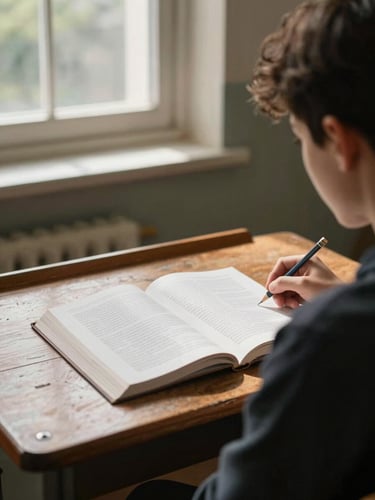 Close view from behind a student's shoulder at a Georgian classroom desk, open textbook and pencil visible in natural side-light from a tall window, worn wooden desk surface, institutional setting, warm daylight