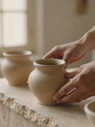 Macro close-up of hands arranging raw terracotta vessels on a rough-hewn stone ledge, soft-focus linen background, diffused warm light, 35mm.