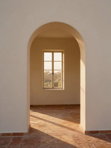 Architectural crop of a minimalist cream-plaster archway inside a Blantyre villa, warm golden-hour light casting long soft shadows on textured terracotta stone floor, 35mm photography