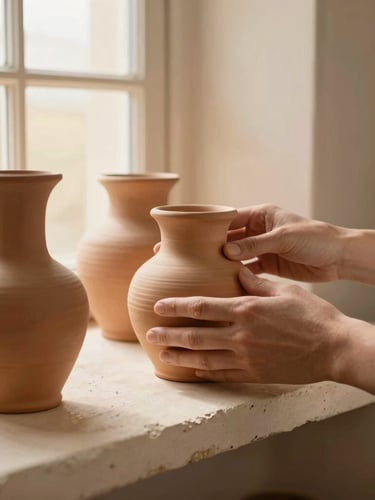 Close-up of hands gently arranging terracotta vessels on a rough plaster shelf, soft diffused golden-hour window light, warm cream tones