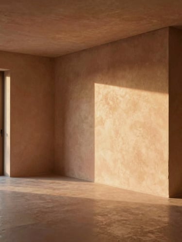 Wide architectural crop of a minimalist concrete and terracotta villa interior, soft golden-hour window light casting warm shadows on textured plaster walls, 35mm.