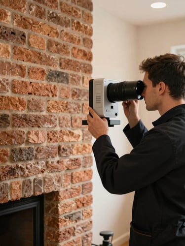 A professional technician in a clean dark uniform adjusting a modern diagnostic camera near a pristine brick fireplace, warm indoor lighting, sharp focus