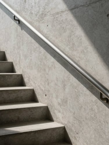 Macro architectural shot of a minimalist concrete staircase with a brushed steel handrail, natural daylight casting soft linear shadows, dust-free pristine surfaces.