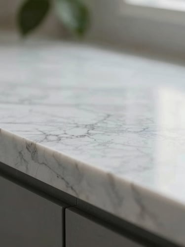 Macro shot of a perfectly polished marble countertop, soft natural daylight reflecting off the pristine surface, a hint of sage green foliage in the soft-focus background.