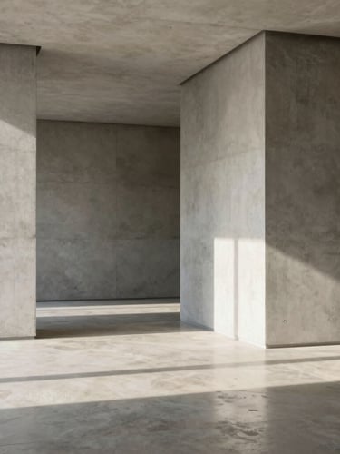 Minimalist architectural crop of a sunlit room, clean concrete lines, a polished stone surface reflecting soft daylight, high-end German estate aesthetic.