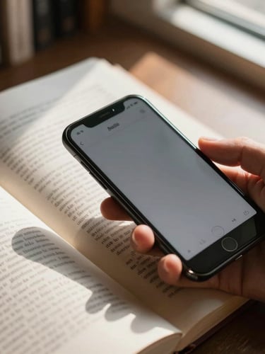 Tight overhead macro shot of a hand holding a phone, scanning a heavily annotated physical book margin under warm library window light, high shadow contrast.
