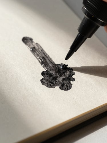 Macro shot of black ink on textured cream paper, showing fibers of the page under sharp directional light.