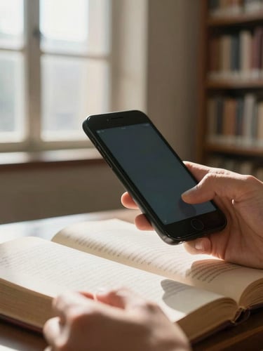 Hands holding a mobile phone scanning a dusty book page in a quiet library, soft morning light filtering through a tall window, high shadow contrast.