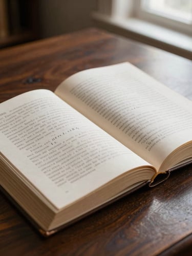 A close-up photograph of a heavy linen-bound book open on a dark oak library table. Handwritten pencil notes run along the wide margins. Soft, directional light from a high window illuminates the texture of the paper.
