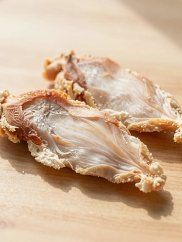 Close-up of natural dehydrated chicken breast pet treats on a clean wooden table, warm morning light, soft shadows, 35mm photography