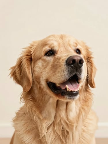 Close-up of a happy healthy golden retriever looking up in soft natural light, warm cream background, shallow depth of field