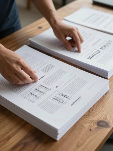 A close-up of a person's hands organizing neat stacks of printed cultural project guidelines and architectural blueprints on a warm wooden table, soft natural side light, architectural precision.
