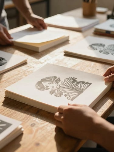 Warm natural golden-hour light illuminating a community workshop in Tocantins, hands holding newly printed books on a wooden table, close-up creative process.