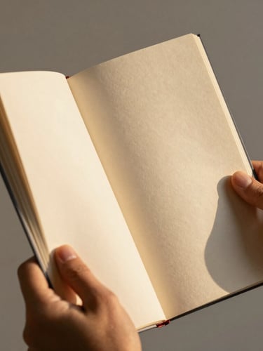 Intimate close-up of hands holding a newly printed book with textured paper, warm golden-hour light illuminating the page edges, minimalist background.