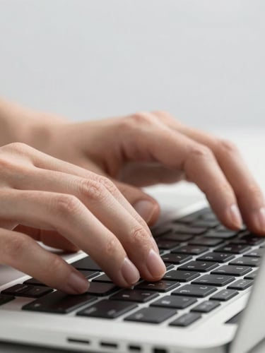 Close-up macro shot of hands interacting with a laptop's keyboard, clean studio lighting, light gray background, sharp details, high-contrast, 85mm lens