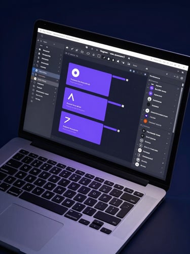 Close overhead shot of a laptop screen displaying a Figma UI canvas at night, violet interface elements glowing on a deep navy background, keyboard in sharp focus below, studio monitor light casting cool shadows