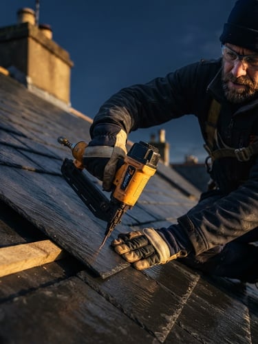 Close-up of a professional roofer securing slate tiles under crisp, morning golden-hour light, deep navy sky background, high-end editorial photography style