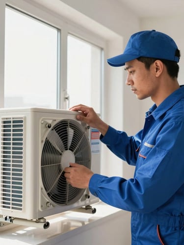 A professional HVAC technician in a clean blue uniform servicing a window air conditioner unit, checking the fan motor, bright daylight, high-contrast, modern Gurgaon apartment interior.