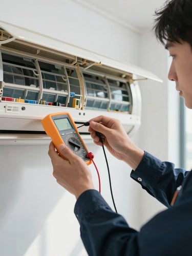Medium close-up of a uniformed technician's hands using a digital multimeter on an open air conditioner panel, clean modern office interior, bright morning light.