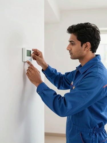 Medium shot of a professional HVAC technician in a clean blue uniform checking a digital thermostat on a white wall in a modern Gurgaon apartment, bright daylight, high contrast, clean background.