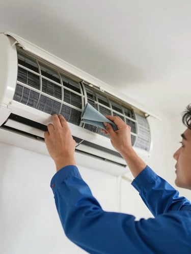 A professional technician wearing a blue uniform carefully cleaning the dust filter of a wall-mounted split air conditioner inside a modern Gurgaon apartment, bright daylight, close-up shot focusing on hands and clean filter.