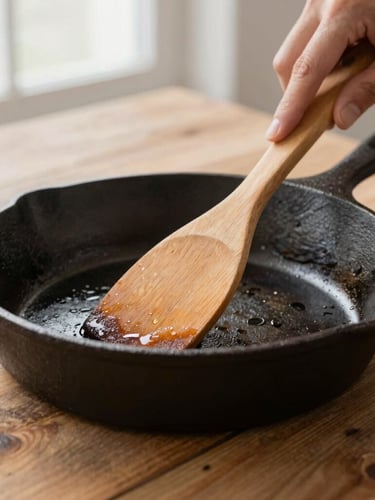 Macro shot of a seasoned cast iron skillet on a rustic wooden table, soft morning side light, hands holding a wooden spatula, 35mm