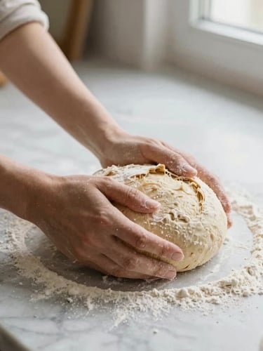 Hands kneading sourdough bread dough on a flour-dusted marble countertop, soft natural window light, warm tones, 35mm