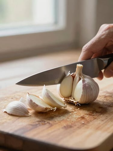 Warm editorial food photography of a sharp knife slicing fresh garlic on a worn wooden cutting board, soft natural window light, rich organic tones, shallow depth of field, 35mm