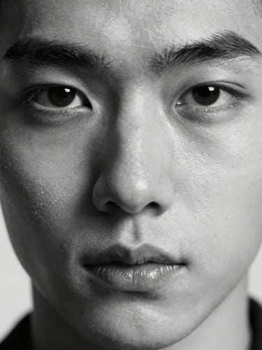 Extreme close-up fashion portrait focusing on unique facial structure, dramatic studio key light, stark monochrome, sharp focus, medium format film look.