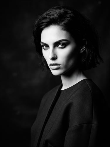 Stark high-contrast monochrome fashion portrait, sharp studio key light, medium format film look, model looking directly at camera with intense gaze, off-center composition