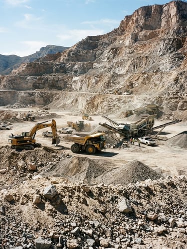 Industrial photography of a massive stone quarry in Durango under harsh direct sunlight, heavy machinery parked in the background, high-contrast sharp textures of gravel piles, 35mm