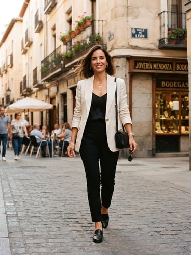 Medium portrait of a stylish woman in her late 30s wearing a tailored cream blazer and black trousers, walking on a sunlit Madrid street, warm editorial fashion photography, 35mm film look