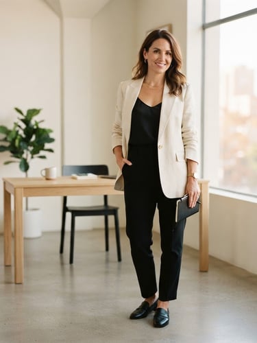 Warm editorial fashion photography of a professional woman in her late 30s wearing a tailored cream blazer, standing in a bright minimalist office with soft window light, elegant composition, 35mm film look